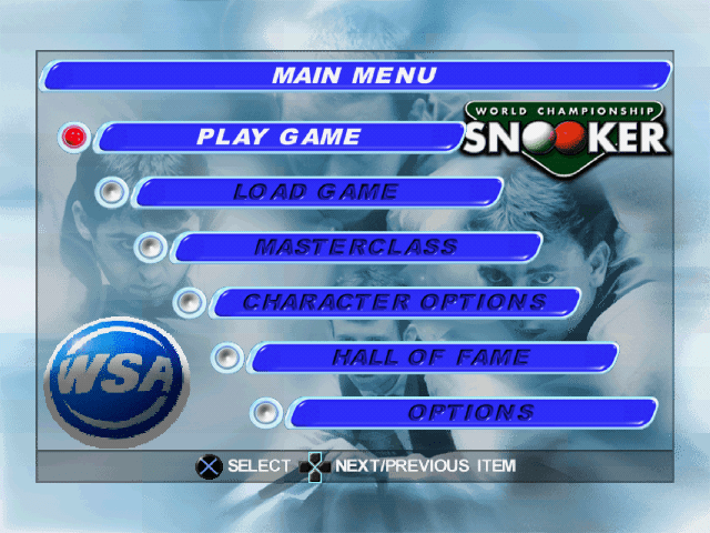 World Championship Snooker title screen for Playstation